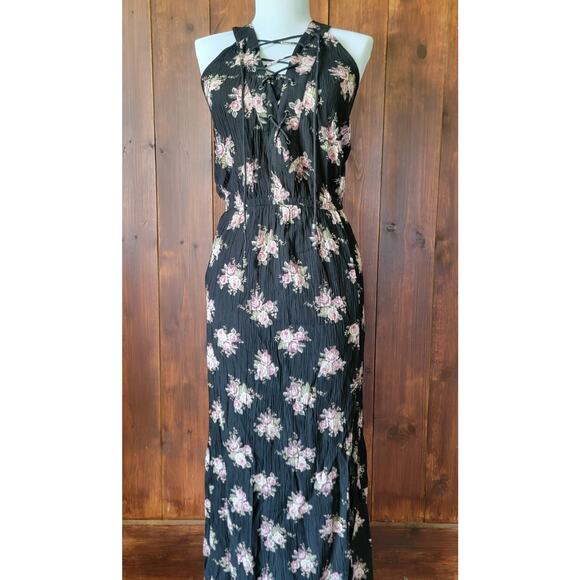 American Eagle Women Sm. Maxi Dress Black Floral Cottagecore Sleeveless Keyhole - Picture 3 of 16